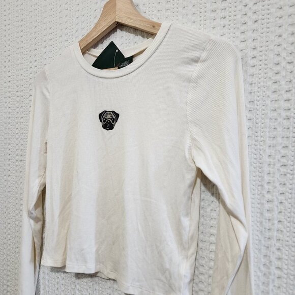 Wild Fable Pug Dog Ribbed Embroidered White Long Sleeve Crop Top Size Medium - Picture 10 of 13